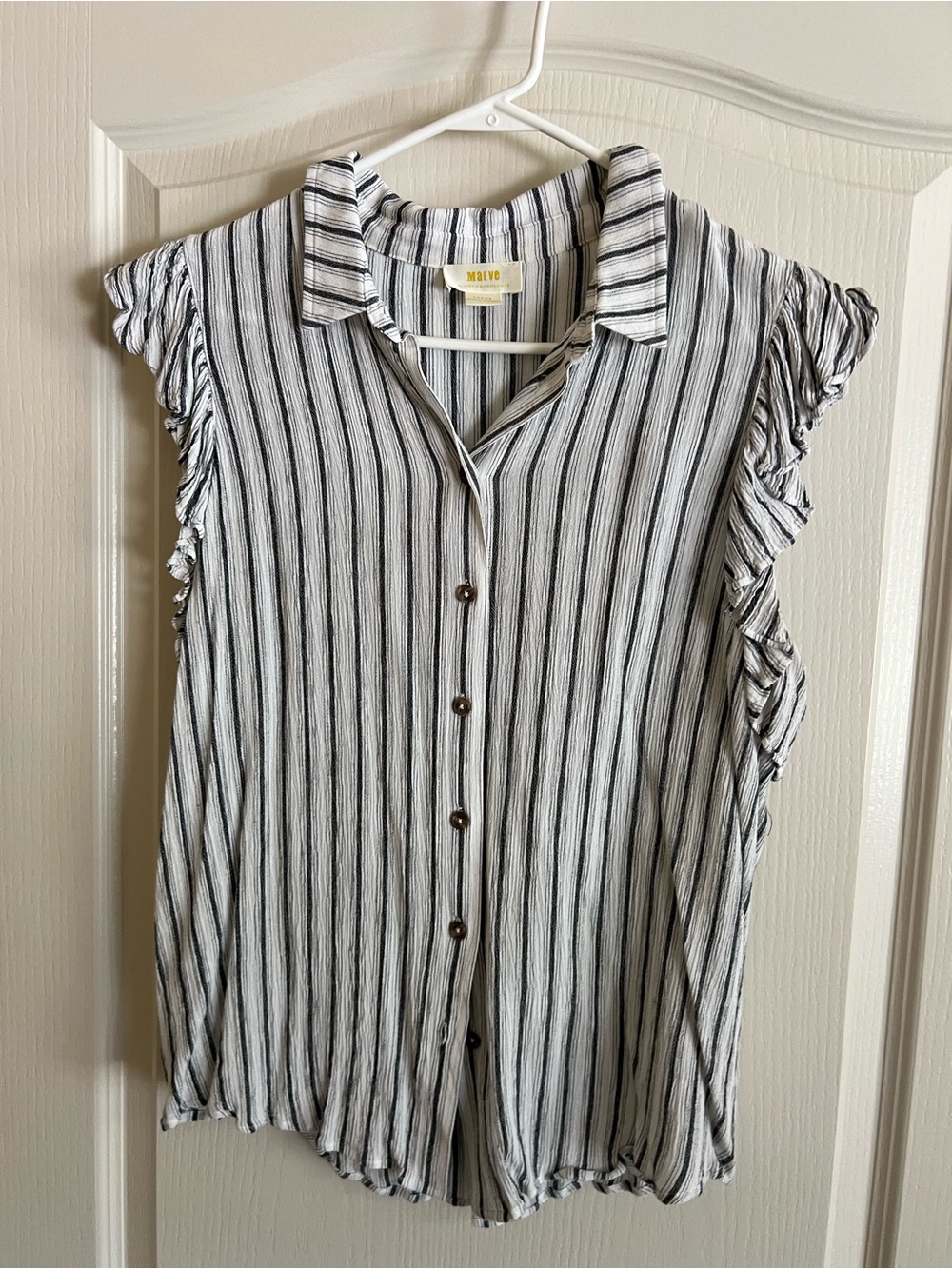 Maeve Black and White Striped Ruffle-Sleeve Button Front Top